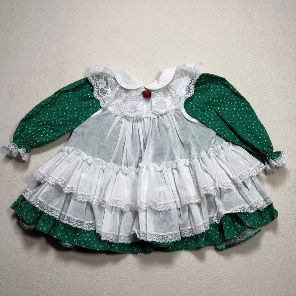 Bryan Vintage Girls Green Floral Dress White Lace Pinafore Set 2T Made in USA